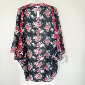 Loralette Kimono 3X Cocoon Duster CoverUp Dark Floral Sheer Red Black Whimsy New
